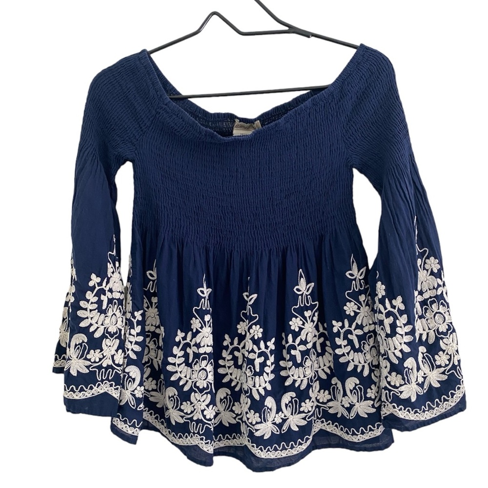 Off shoulder smocked boho embroidered top